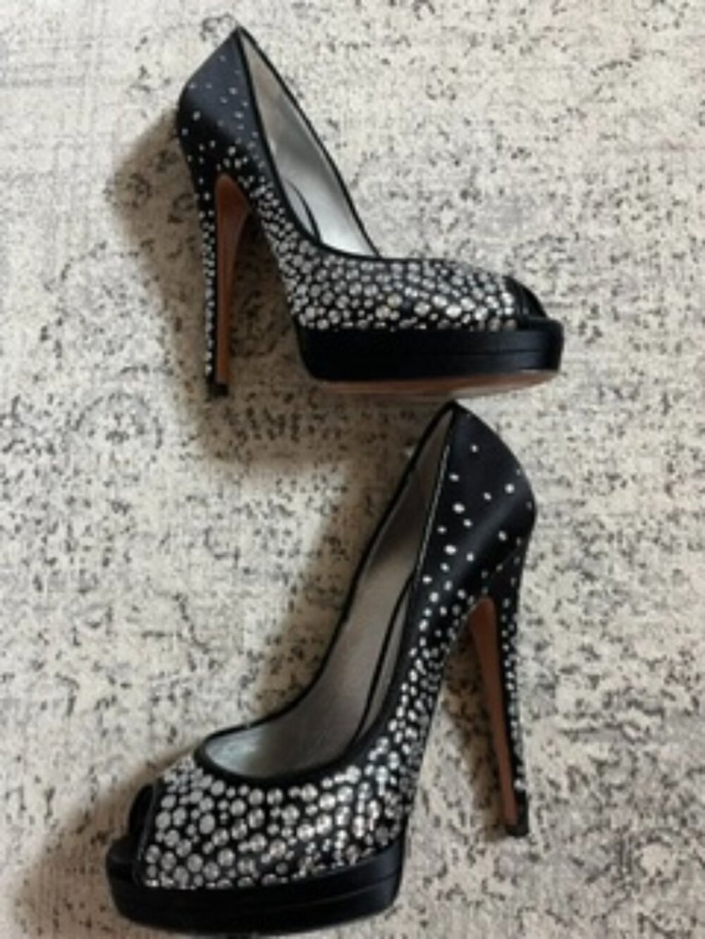 Casadei Black Satin Pumps High Platform Studded Accents 6.5B